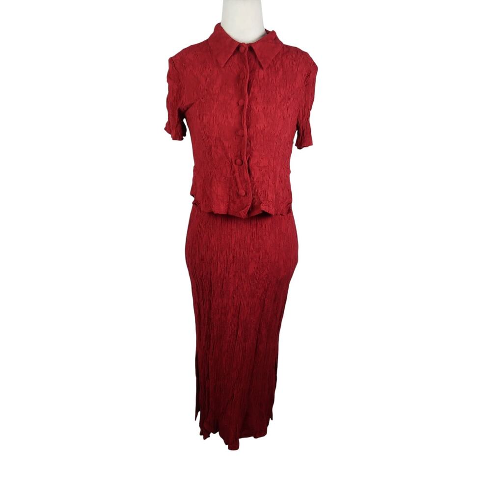 Vintage 90s Karin Stevens Burgundy Red Sleeveless Midi Dress and Shirt Set